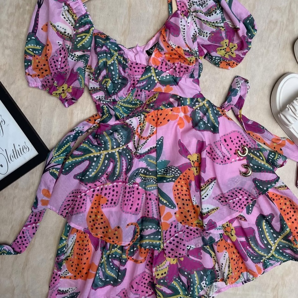 Pink and Purple Puff Sleeve Sundress with Sweetheart Neckline